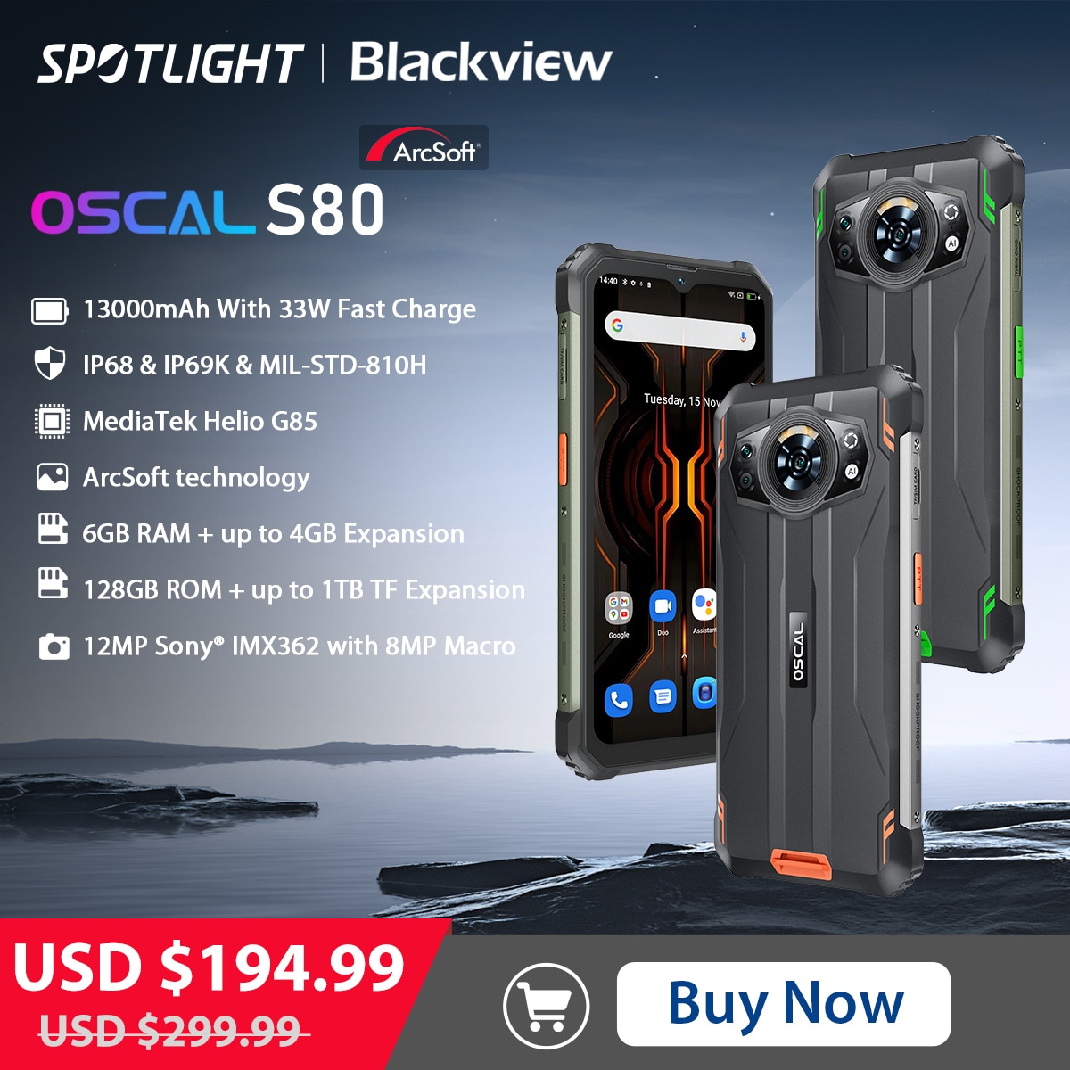 Blackview-oscal S80 Ʈ, ߰ ޴, 13000mAh, 6GB + 128GB, ȵ̵ 12,  ڵ, G85,  ̾